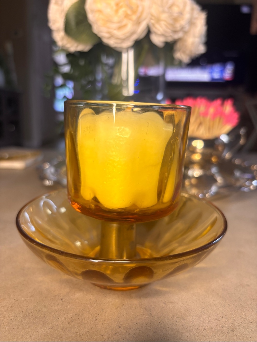 Vintage Amber Glass Brass Pedestal Votive Candle Holder MCM 1970s 4”